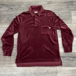 Standard/Cloth Men’s Velour Shirt 1/4 Button Collar Chest Pocket Burgundy Size M
